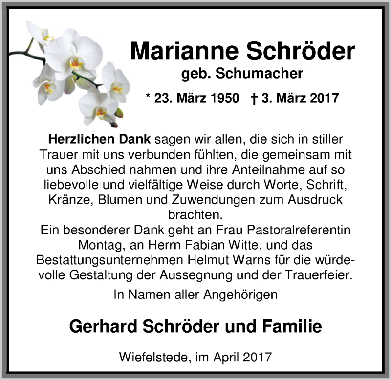  Traueranzeige für Marianne Schröder vom 03.04.2017 aus Nordwest-Zeitung
