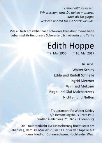 Traueranzeigen Von Edith Hoppe Nordwest Trauer De