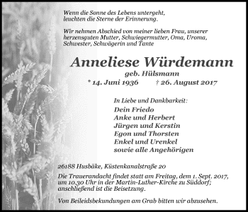 Traueranzeigen Von Anneliese W Rdemann Nordwest Trauer De