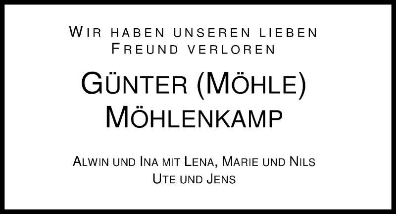 Traueranzeigen Von G Nter M Hle M Hlenkamp Nordwest Trauer De