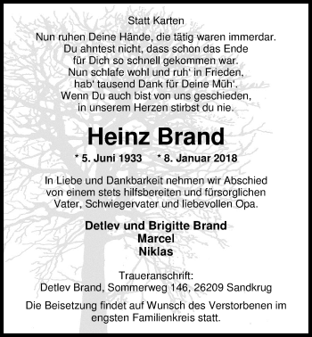 Traueranzeigen Von Heinz Brand Nordwest Trauer De