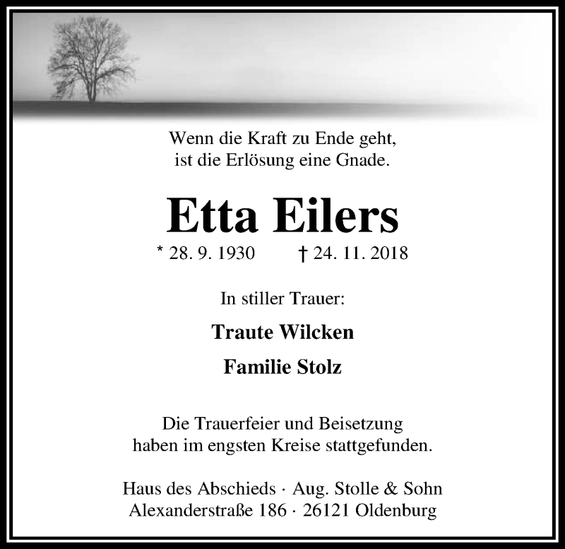 Traueranzeigen Von Etta Eilers Nordwest Trauer De