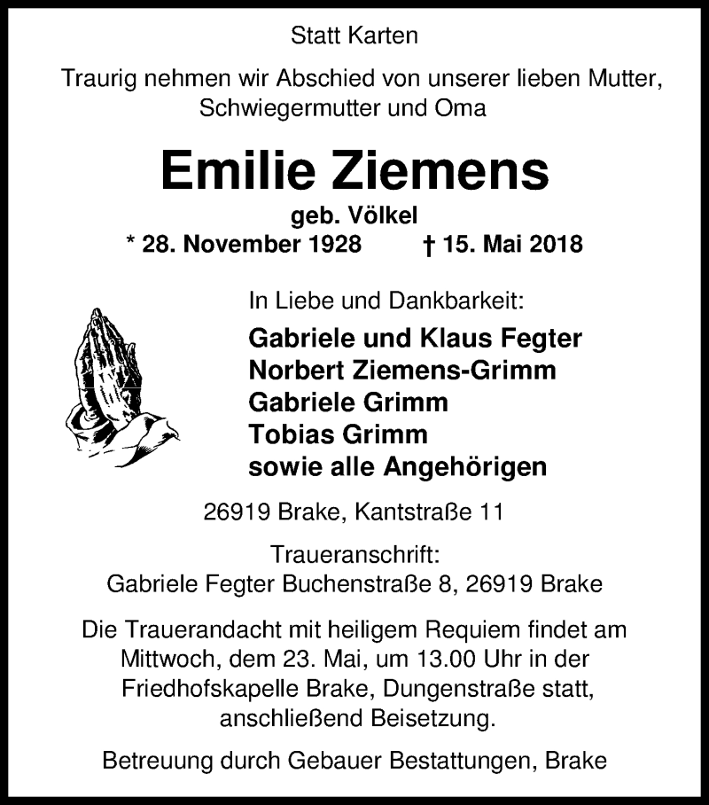 Traueranzeigen Von Emilie Ziemens Nordwest Trauer De