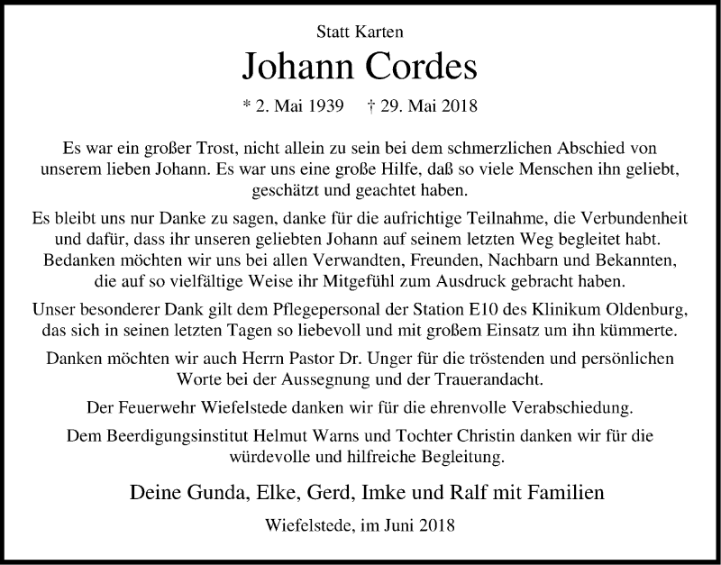 Traueranzeigen Von Johann Cordes Nordwest Trauer De