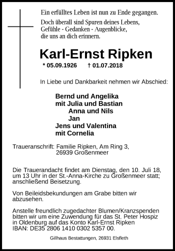 Traueranzeigen Von Karl Ernst Ripken Nordwest Trauer De