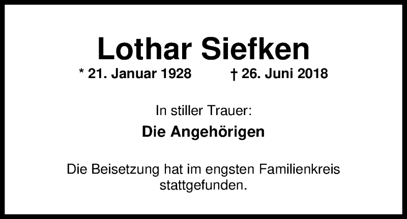 Traueranzeigen Von Lothar Siefken Nordwest Trauer De