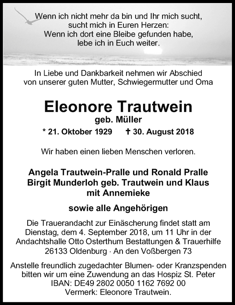 Traueranzeigen Von Eleonore Trautwein Nordwest Trauer De