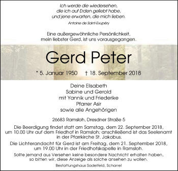 Traueranzeigen Von Gerd Peter Nordwest Trauer De