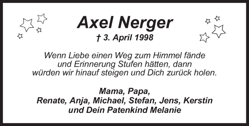  Traueranzeige für Axel Nerger vom 03.04.2008 aus Nordwest-Zeitung