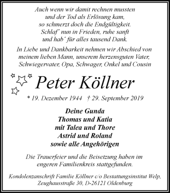 Traueranzeigen Von Peter K Llner Nordwest Trauer De