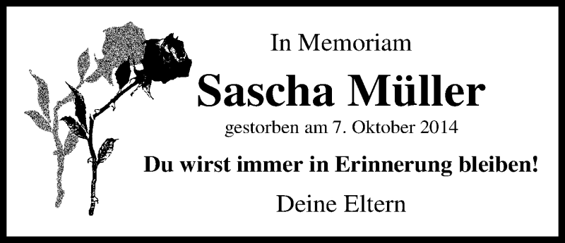  Traueranzeige für Sascha Müller vom 07.10.2019 aus Nordwest-Zeitung