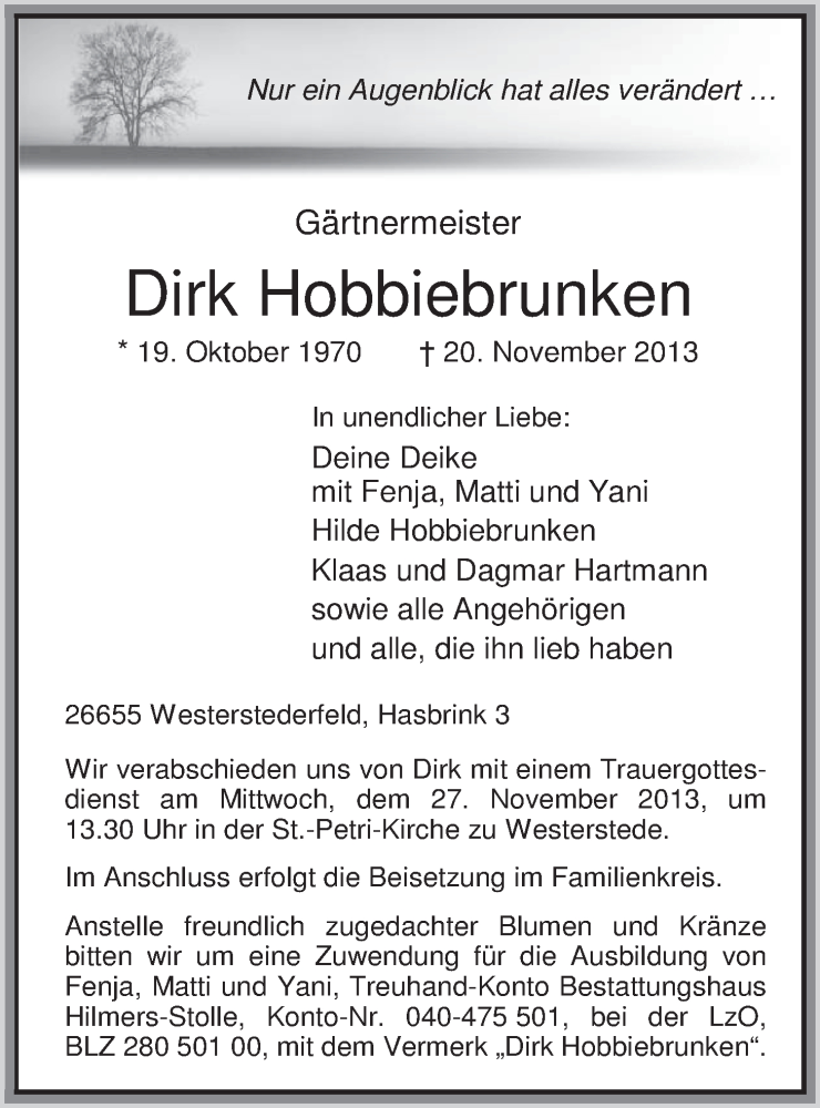  Traueranzeige für Dirk Hobbiebrunken vom 22.11.2013 aus 