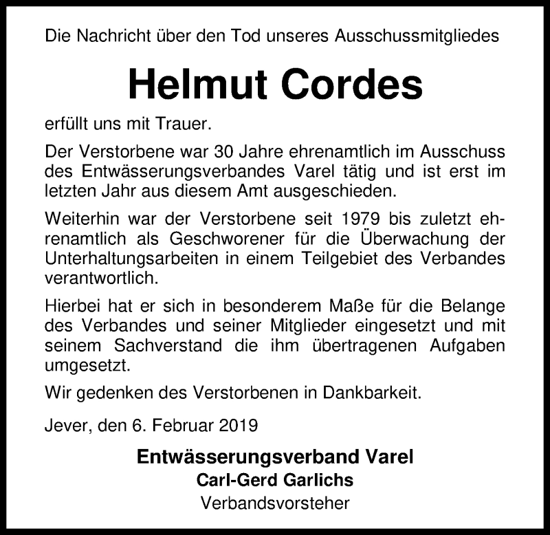 Traueranzeigen Von Helmut Cordes Nordwest Trauer De