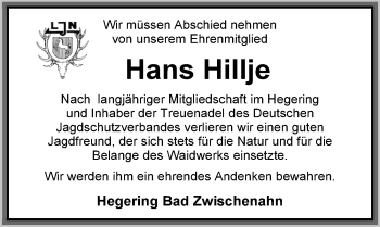 Traueranzeigen Von Hillje Hans Nordwest Trauer De