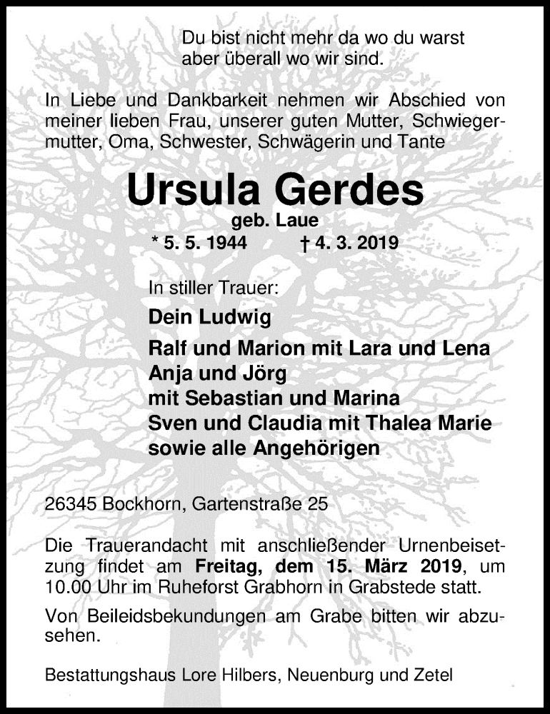 Traueranzeigen Von Ursula Gerdes Nordwest Trauer De