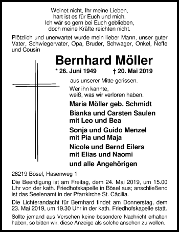 Traueranzeige von Bernhard Möller von Nordwest-Zeitung