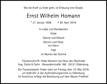 Traueranzeigen Von Ernst Wilhelm Homann Nordwest Trauer De