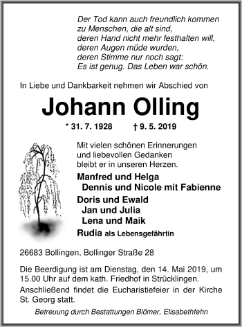 Traueranzeige von Johann Olling von Nordwest-Zeitung