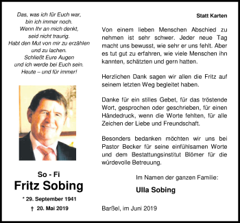 Traueranzeige von Fritz Sobing von Nordwest-Zeitung