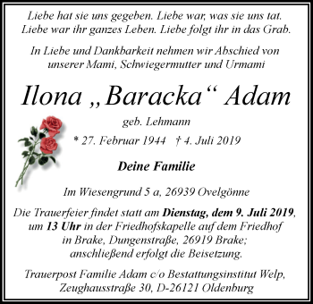 Traueranzeigen Von Ilona Adam Nordwest Trauer De