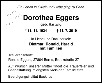 Traueranzeigen Von Dorothea Eggers Nordwest Trauer De