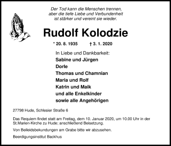 Traueranzeigen Von Rudolf Kolodzie Nordwest Trauer De