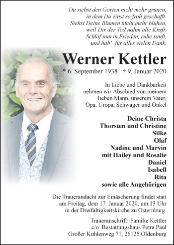 Traueranzeigen Von Werner Kettler Nordwest Trauer De