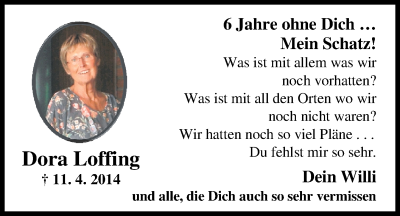  Traueranzeige für Dora Loffing vom 11.04.2020 aus Nordwest-Zeitung