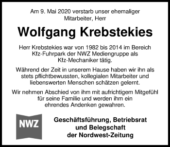Traueranzeige von Wolfgang Krebstekies von Nordwest-Zeitung