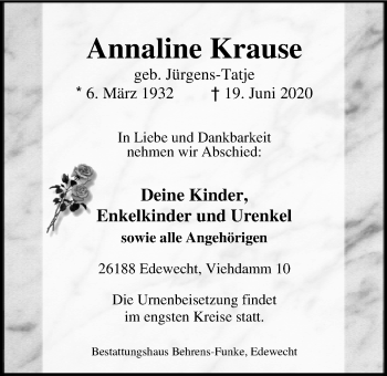 Traueranzeigen Von Annaline Krause Nordwest Trauer De