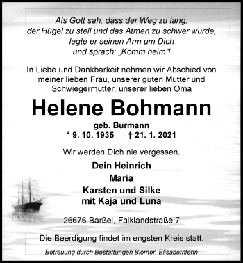 Traueranzeigen Von Helene Bohmann Nordwest Trauer De