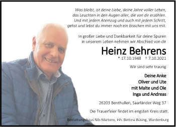 Traueranzeigen Von Heinz Behrens Nordwest Trauer De