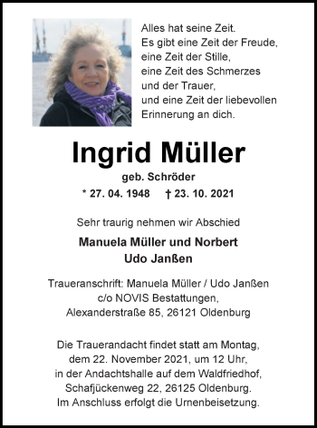 Traueranzeigen Von Ingrid M Ller Nordwest Trauer De