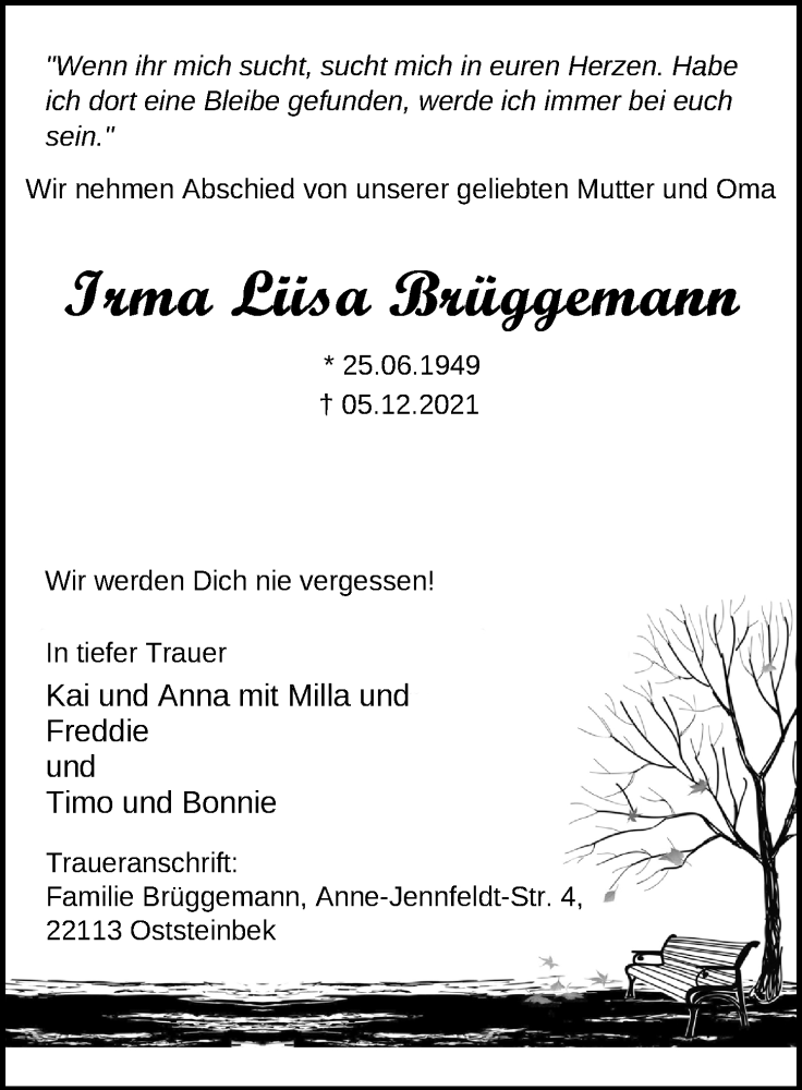 Traueranzeigen Von Irma Liisa Br Ggemann Nordwest Trauer De