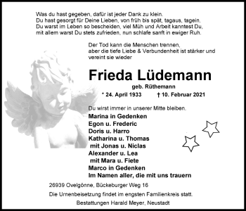 Traueranzeigen Von Frieda L Demann Nordwest Trauer De