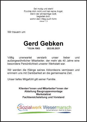 Traueranzeigen Von Gerd Gebken Nordwest Trauer De