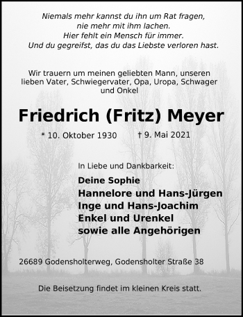 Traueranzeige von Friedrich (Fritz) Meyer von Nordwest-Zeitung
