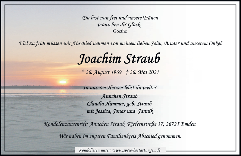 Traueranzeigen Von Joachim Straub Nordwest Trauer De