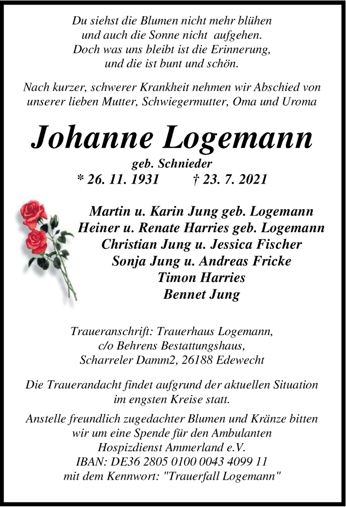 Traueranzeigen Von Johanne Logemann Nordwest Trauer De