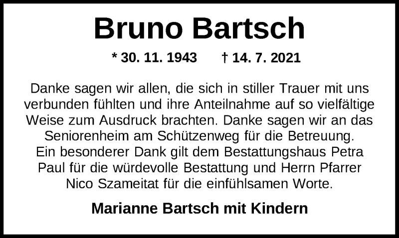 Traueranzeigen Von Bruno Bartsch Nordwest Trauer De