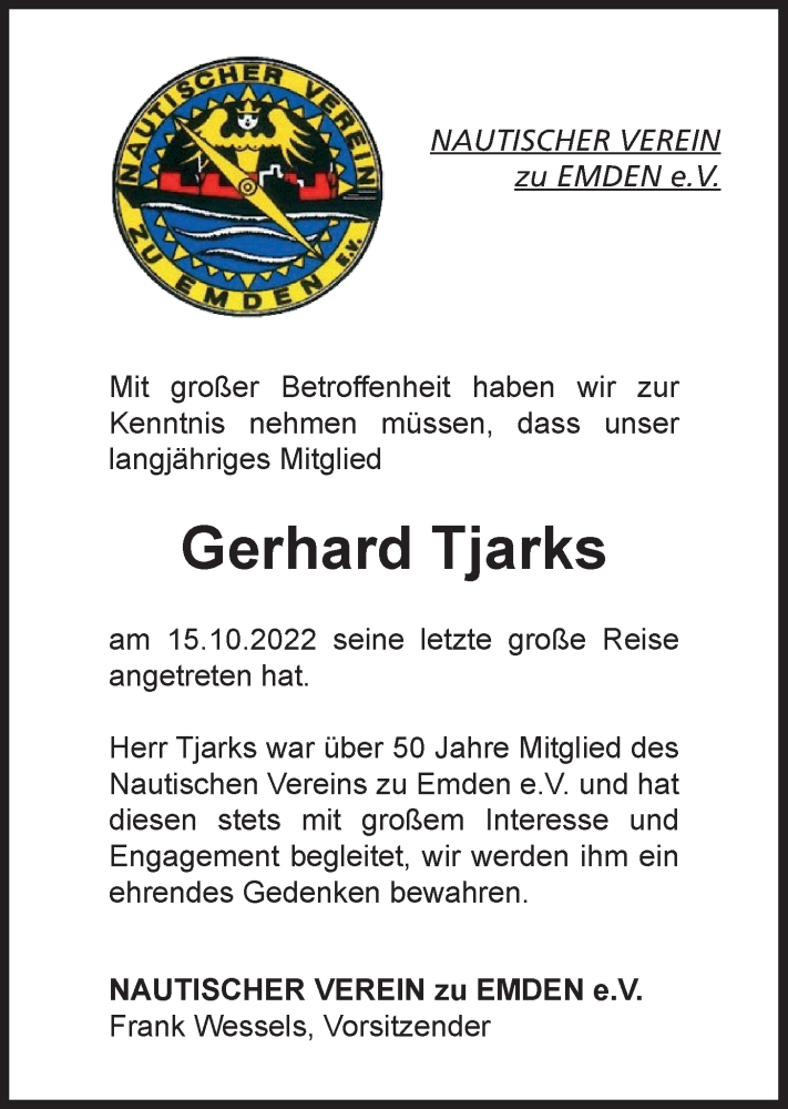 Traueranzeigen Von Gerhard Tjarks Nordwest Trauer De