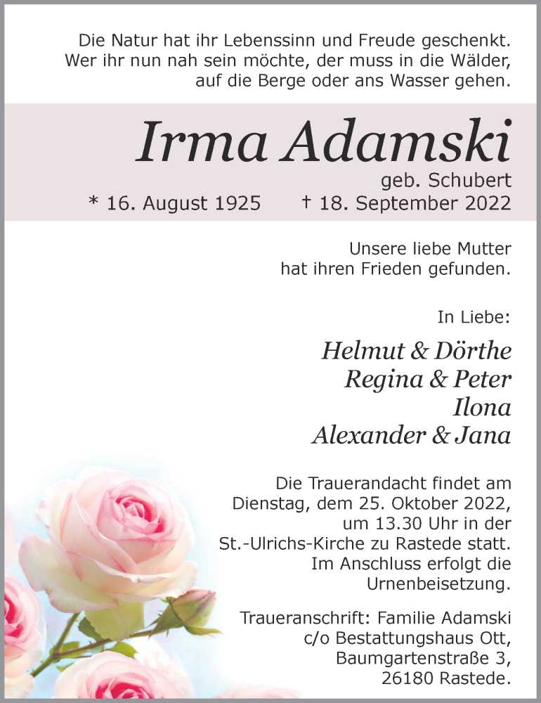 Traueranzeigen Von Irma Adamski Nordwest Trauer De