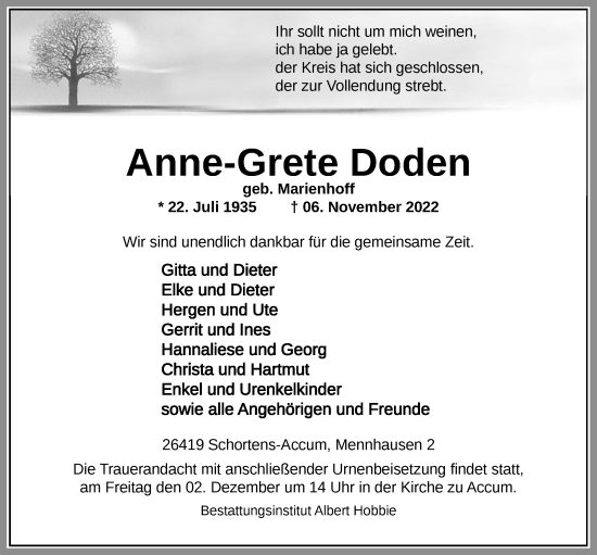 Traueranzeigen Von Anne Grete Doden Nordwest Trauer De