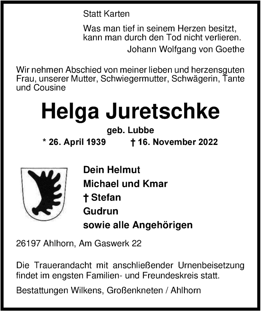 Traueranzeigen Von Helga Juretschke Nordwest Trauer De