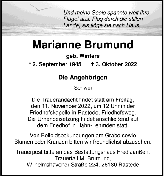 Traueranzeigen Von Marianne Brumund Nordwest Trauer De