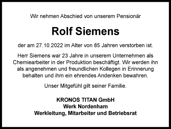 Traueranzeigen Von Rolf Siemens Nordwest Trauer De