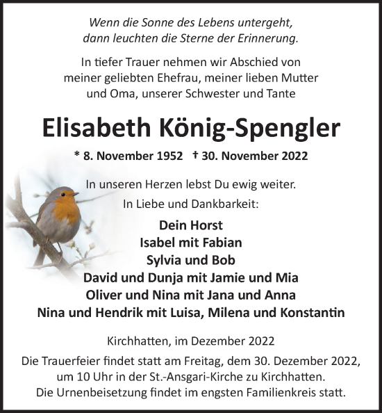 Traueranzeigen Von Elisabeth K Nig Spengler Nordwest Trauer De