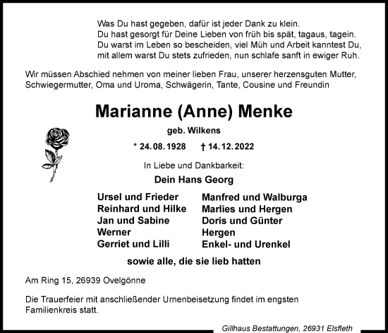 Traueranzeigen Von Marianne Menke Nordwest Trauer De