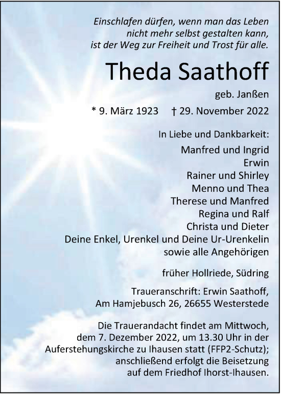 Traueranzeigen Von Theda Saathoff Nordwest Trauer De