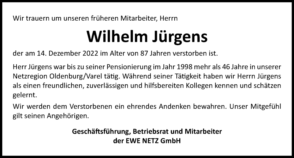 Traueranzeigen von Wilhelm Jürgens nordwest trauer de